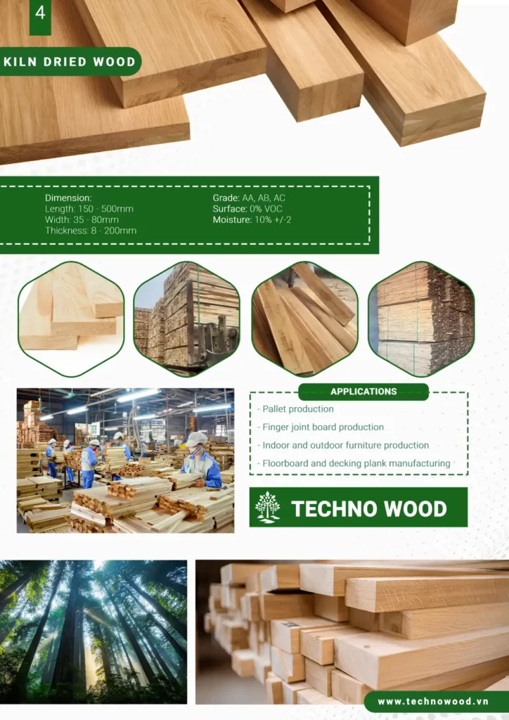 Page 4 of Techno Wood's Catalogue. About Acacia timber and Kiln-dried wood system.