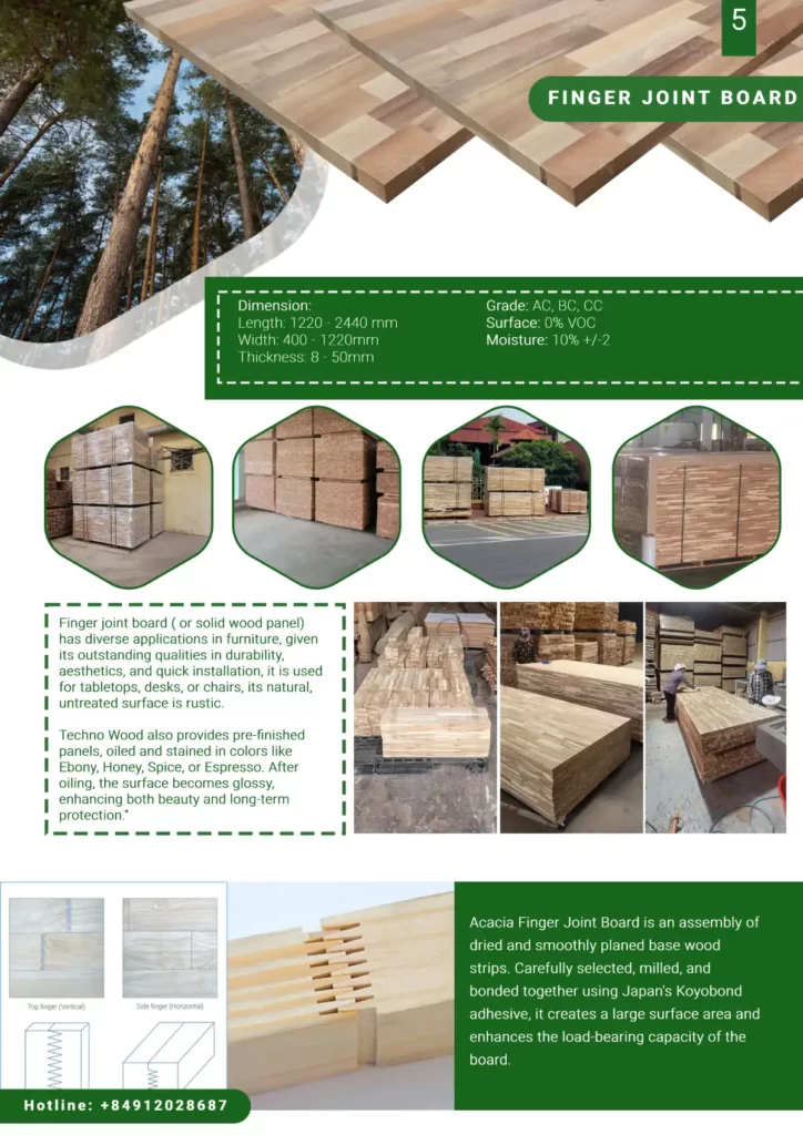 Page 5 of Techno Wood's Catalogue. Introduction about our Acacia Finger Joint Board manufacturing system.